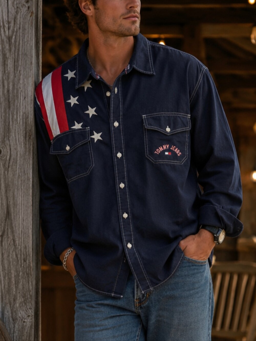 Tommy Hilfiger Jean Men's USA western American Flag y2k Button Down Shirt Sz XXL